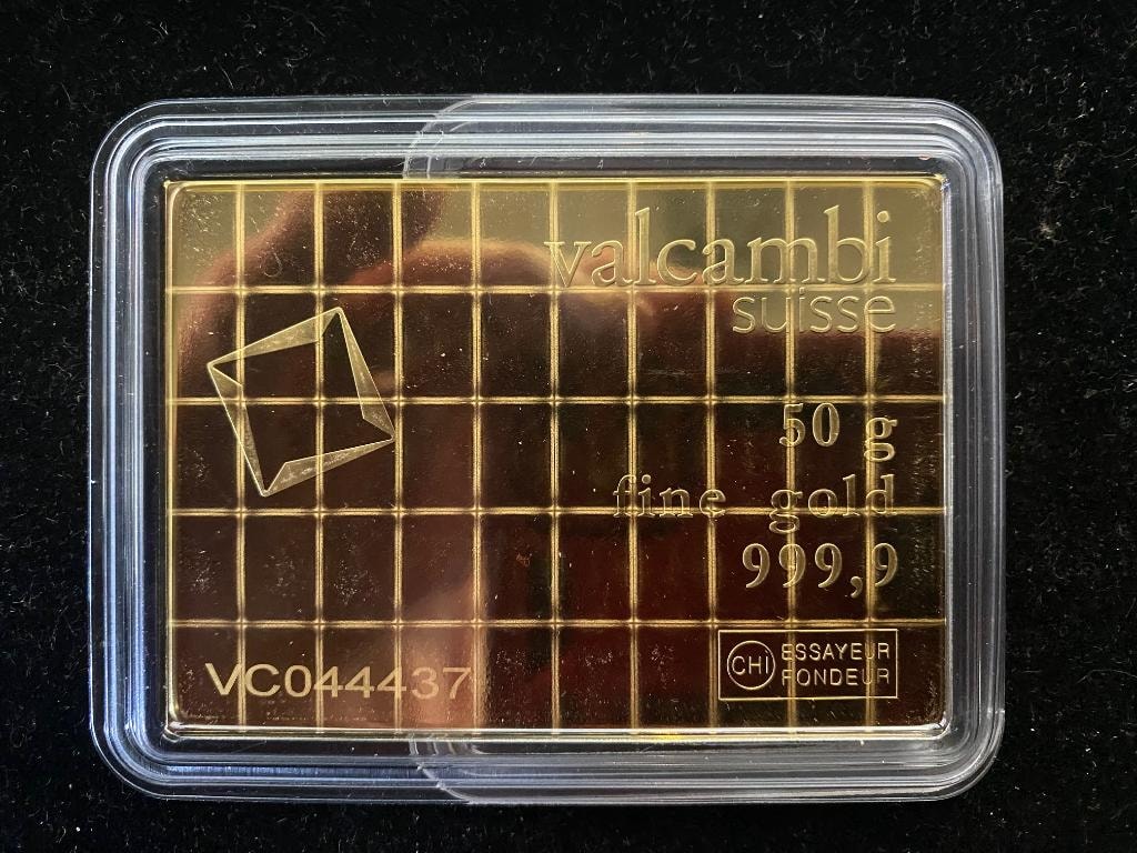 Valcambi Suisse 50g gold bar purchased by Clemson Coins in June 2026