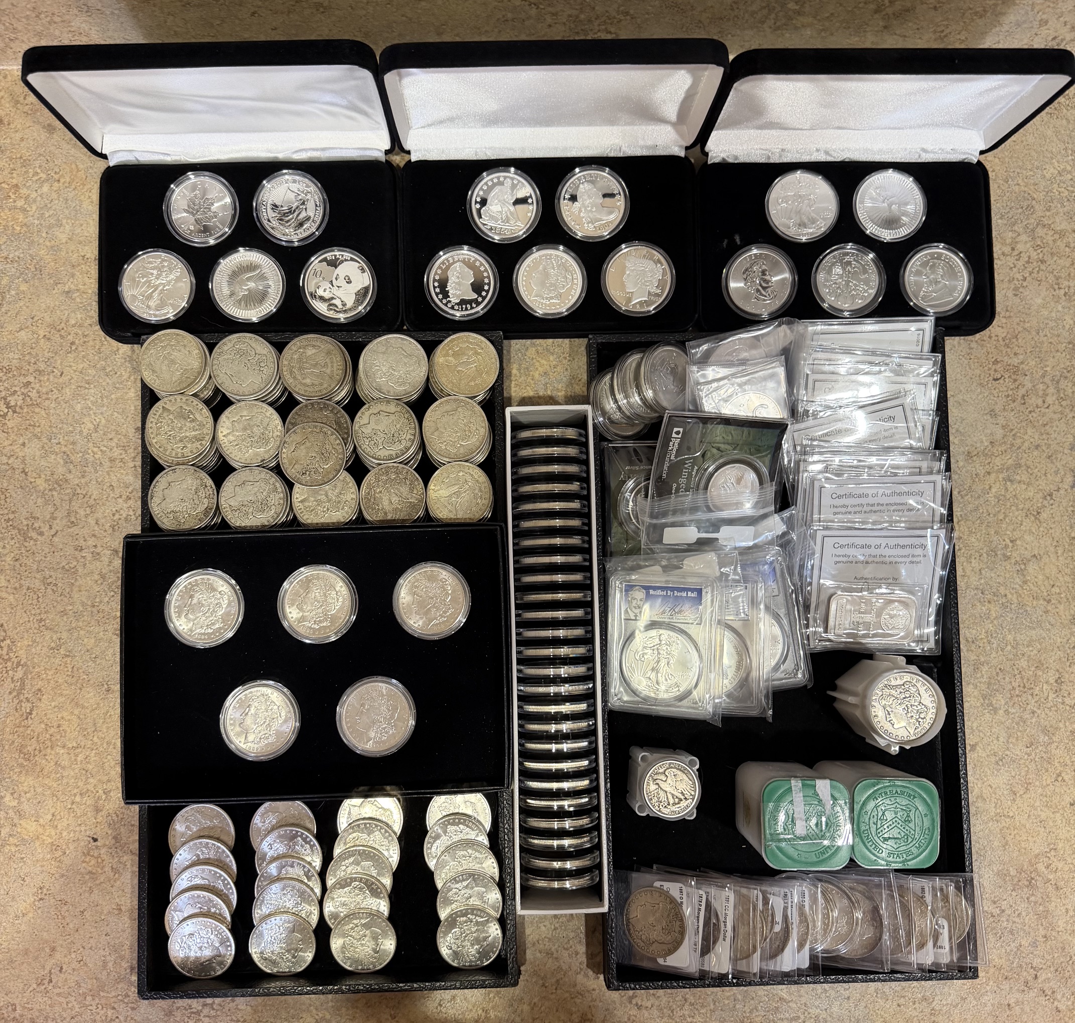 Coin collection in display cases including Morgan Dollars and Silver Rounds purchased by Clemson Coins in June 2026