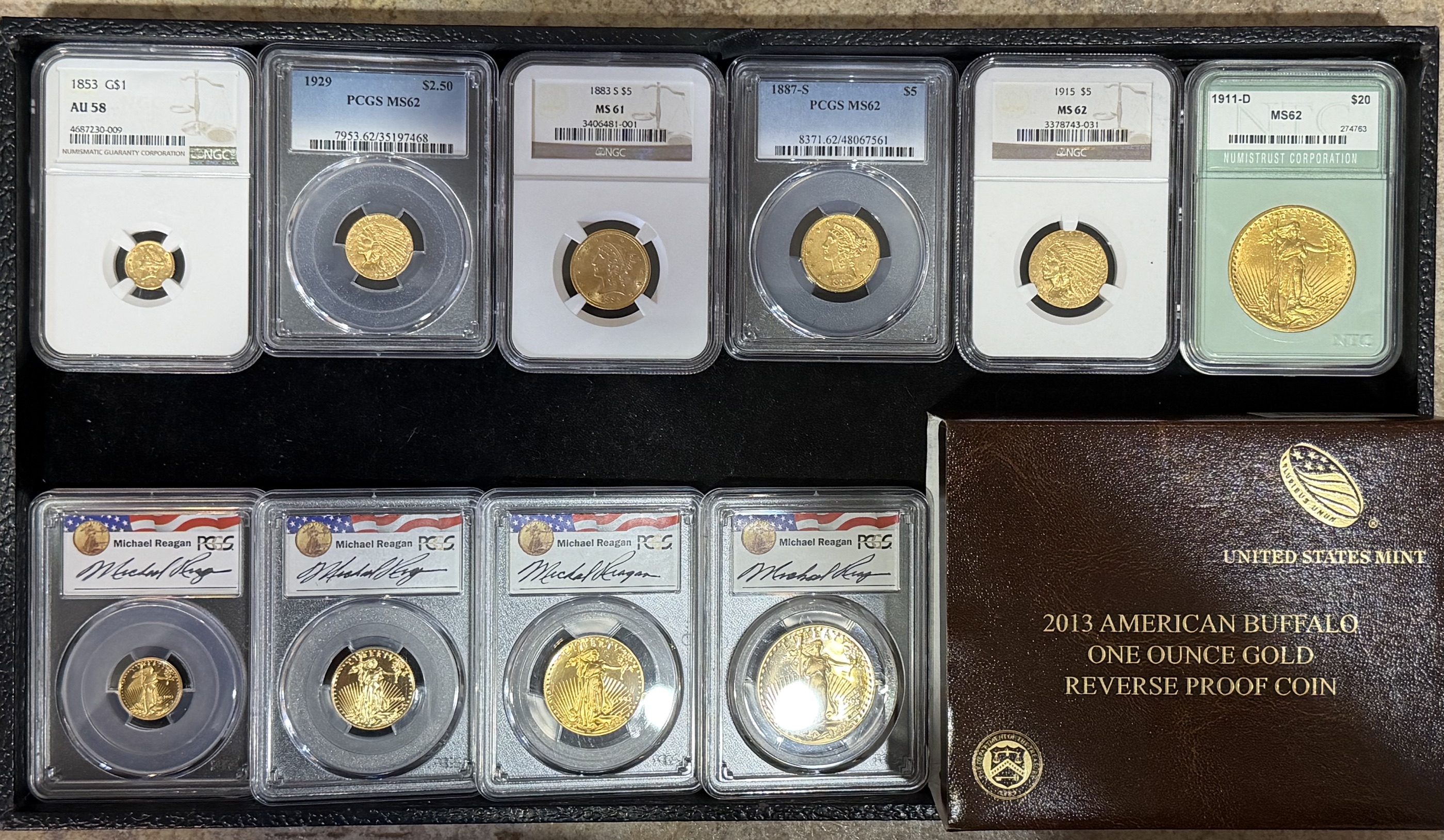 Graded pre-1933 gold coins and 2013 American Buffalo One Ounce Gold Reverse Proof Coin purchased by Clemson Coins in June 2026