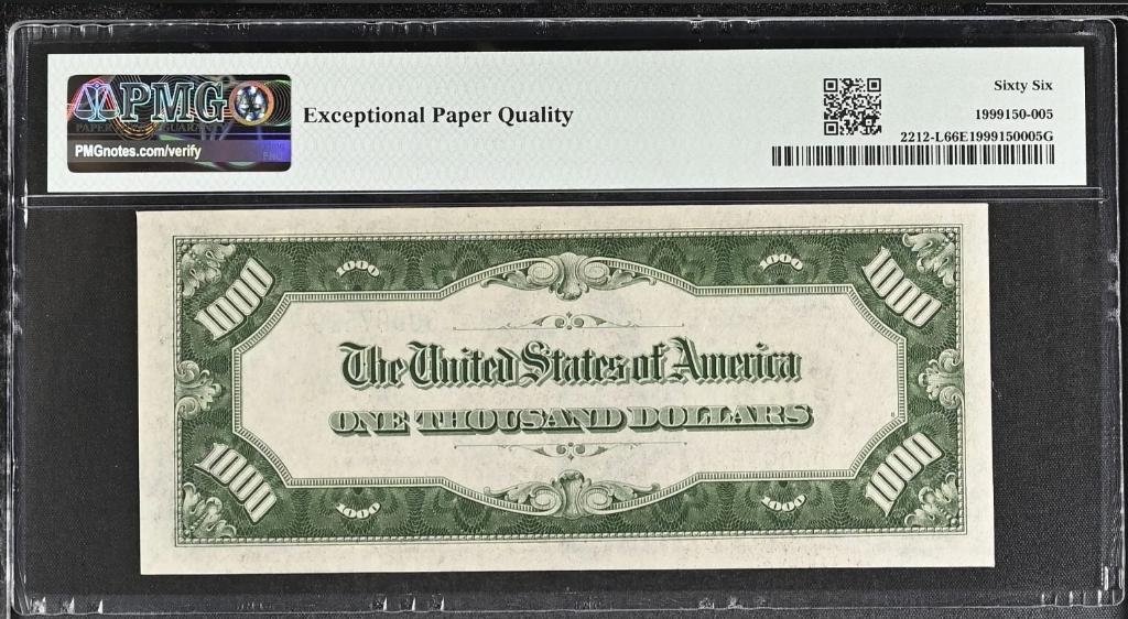 $1,000 1934A FRN San Francisco PMG 66 EPQ — reverse showing Exceptional Paper Quality label