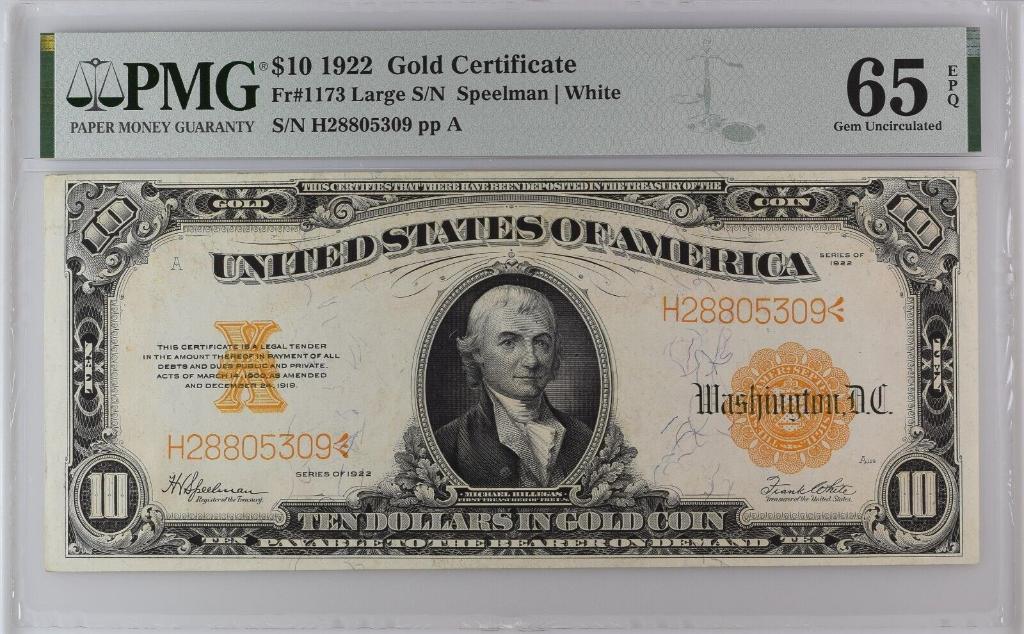 1922 $10 Gold Certificate FR 1173 PMG GEM UNC 65 EPQ Speelman White: obverse featuring Michael Hillegas